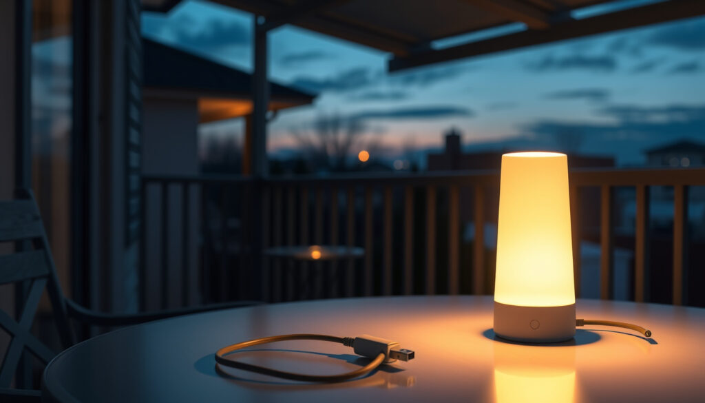 Akkukäyttöinen LED-pöytävalaisin hehkuu katetun parvekkeen pöydällä illalla, vieressä latauskaapeli.