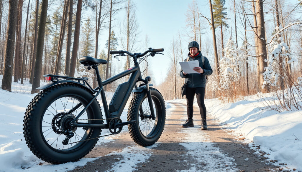 Paksurenkainen sähköfatbike lumisella metsäpolulla, vieressä ajajaan vertaileva ostopäätöstä tekevä henkilö papereineen