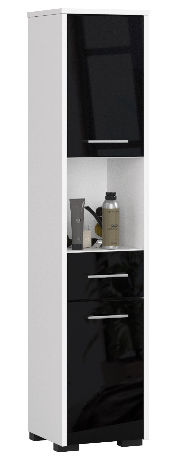 Akord Kylpyhuonekaappi korkea 2 ovea 1 laatikko 1 hylly Valkoinen/Musta Kiiltävä 30x30x140