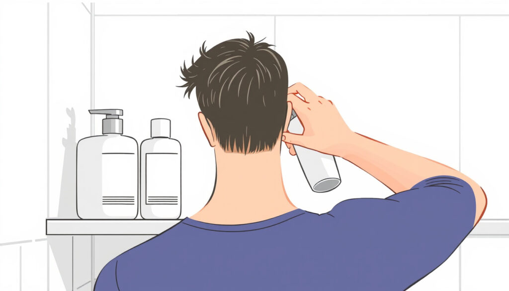 Mies ottaa käteensä hoitoainepullon kylpyhuoneen hyllyltä, jolla on useita merkittyjä shampoo- ja hoitoainepulloja